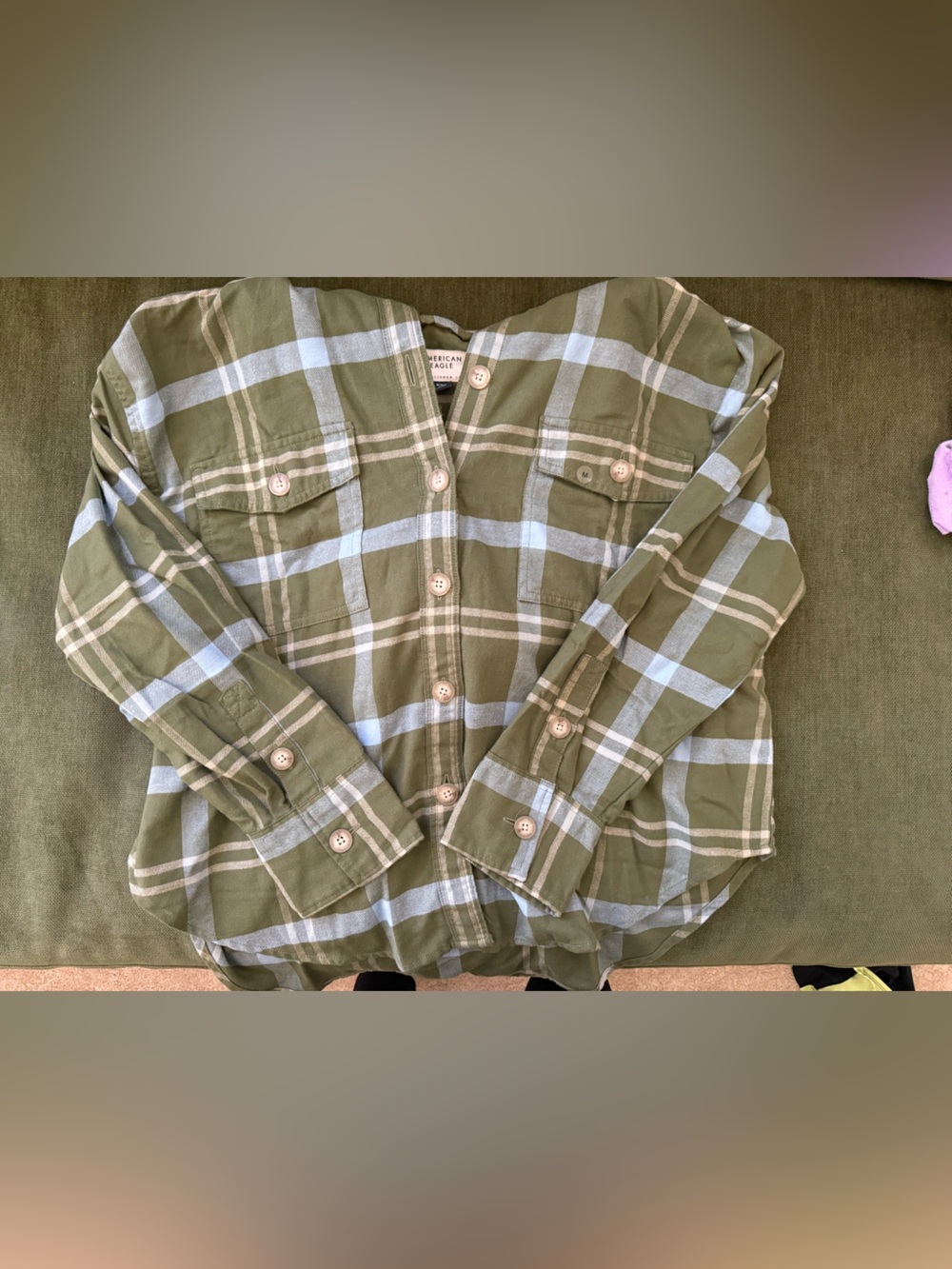 American Eagle Outfitters Olive and Light Blue Plaid Button-Down Shirt